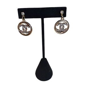 Rose Gold and Silver Crystal Double-C Logo Drop Earrings